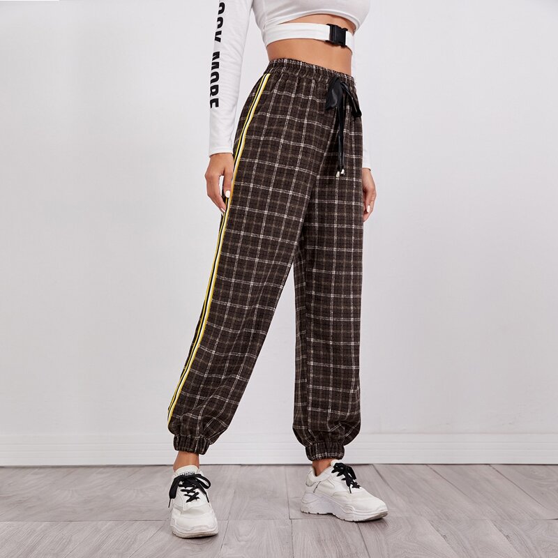 

Plaid Tie Front Side Stripe Wool-mix Pants, Chocolate brown