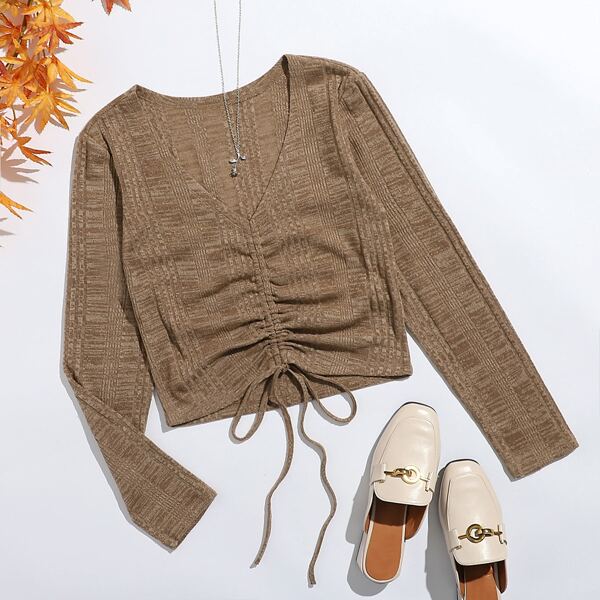 

Drawstring Ruched Rib-knit Tee, Brown