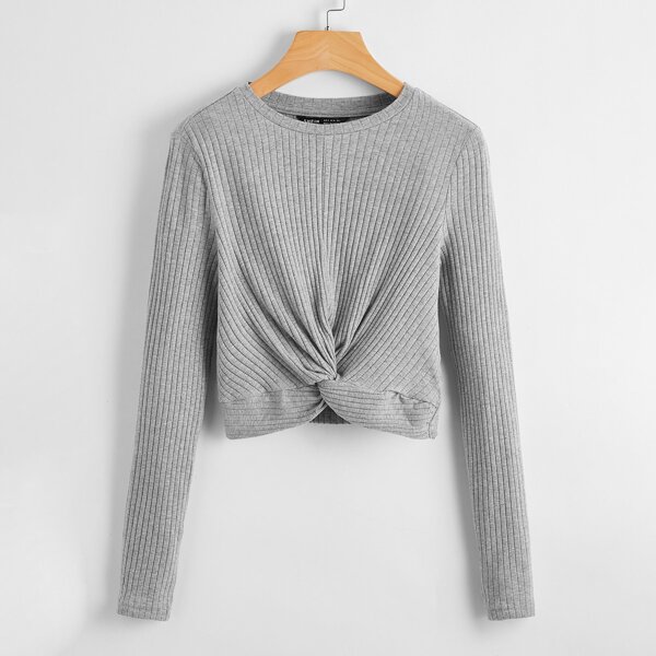 

Twist Front Rib-knit Tee, Light grey