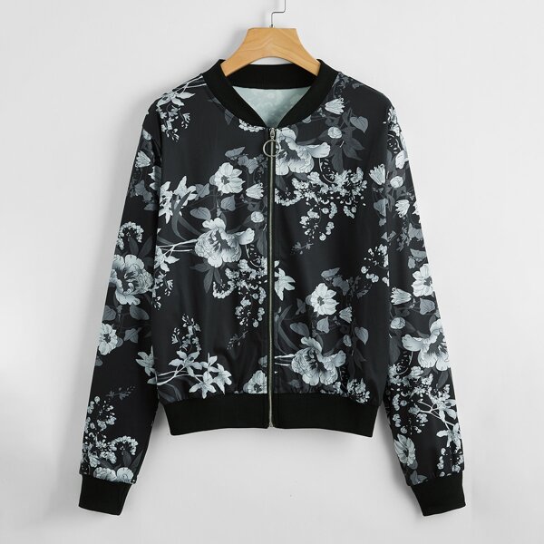 

Floral Print Zip Up Bomber Jacket, Black