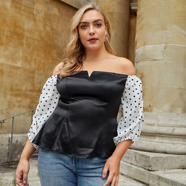 

Plus Off Shoulder Polka Dot Puff Sleeve Top, Black and white
