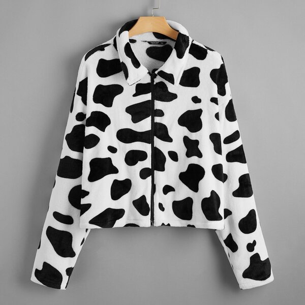 

Plus Cow Pattern Drop Shoulder Zip Up Jacket, Black and white