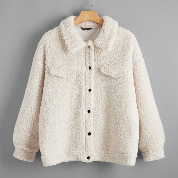 

Plus Drop Shoulder Button Front Teddy Jacket, White
