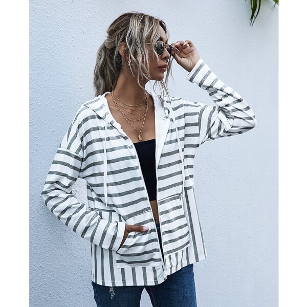 

Striped Print Drawstring Zip Up Hooded Sweatshirt, White