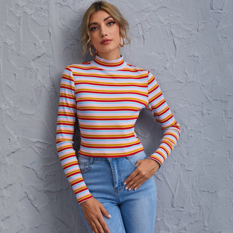 

Mock Neck Rib-knit Striped Crop Tee, Multicolor