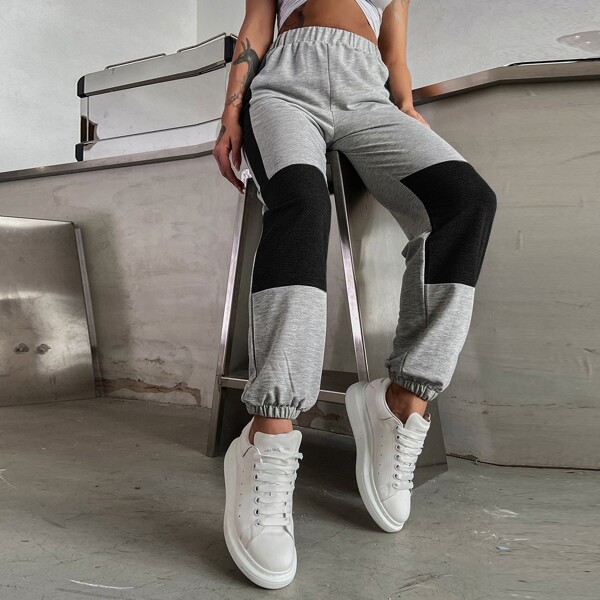 

Two Tone Elastic Waist Sweatpants, Light grey
