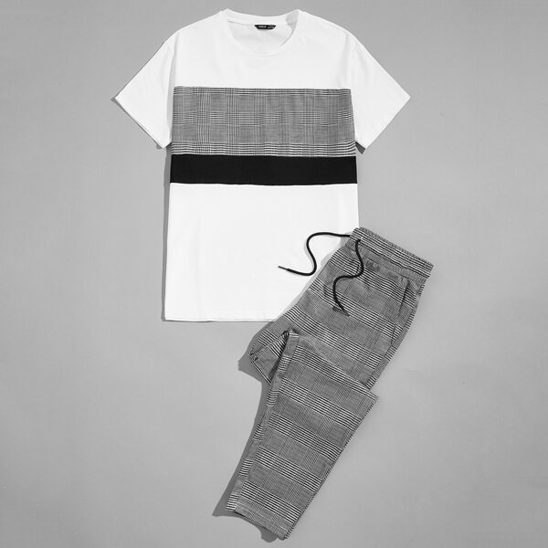 

Men Contrast Panel Tee & Plaid Pants Set, Multicolor