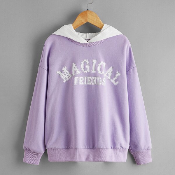 

Girls Letter Graphic Drop Shoulder Hoodie, Lilac purple