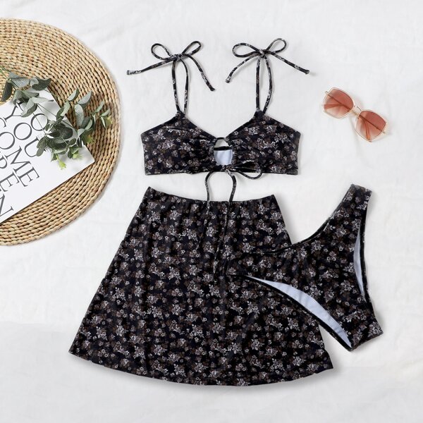 

3pack Ditsy Floral Tie Front Bikini Swimsuit, Black