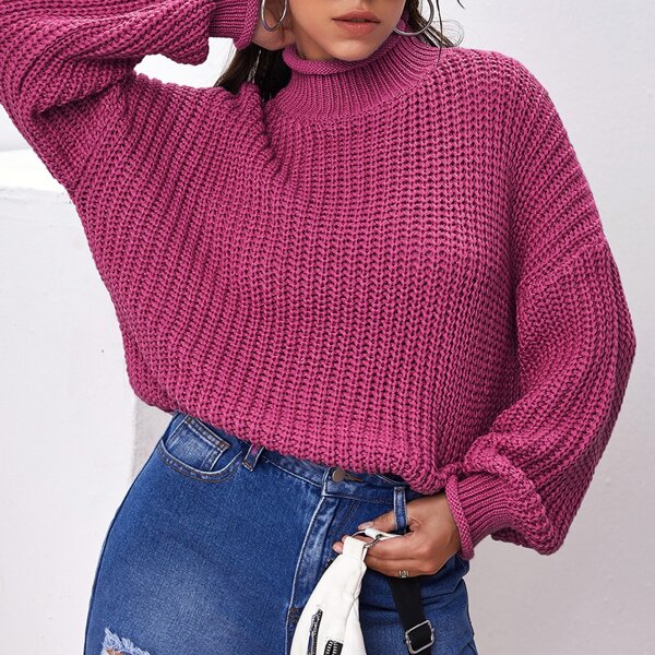 

Drop Shoulder Mock-neck Sweater, Hot pink