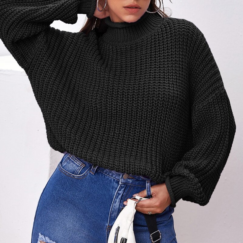 

High Neck Drop Shoulder Sweater, Black