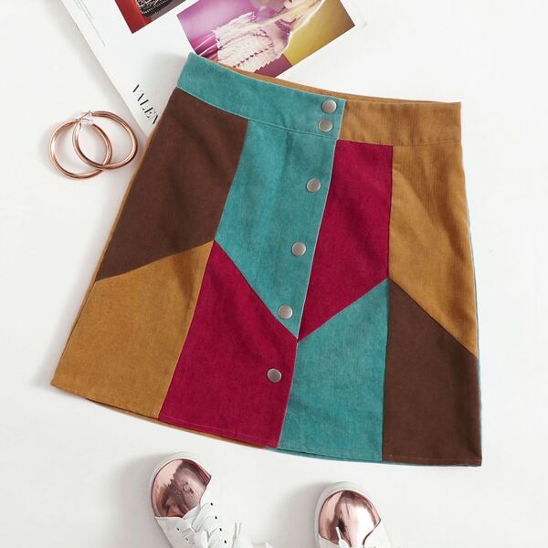

Button Fly Colorblock Skirt, Multicolor