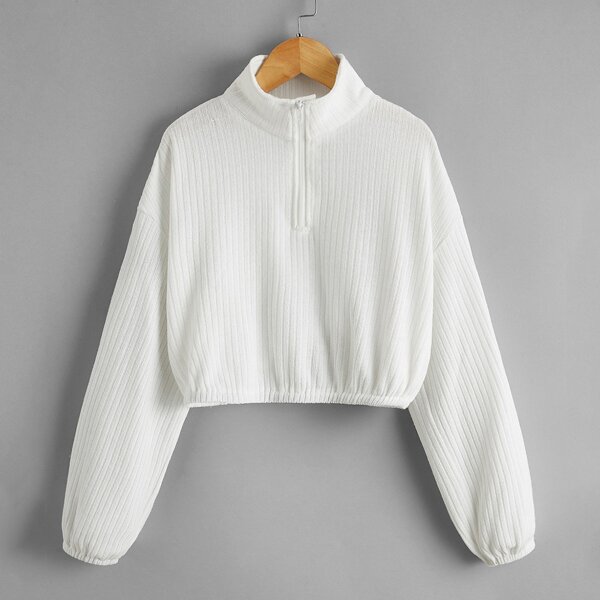 

Girls Zipper Half Placket Drop Shoulder Pullover, White