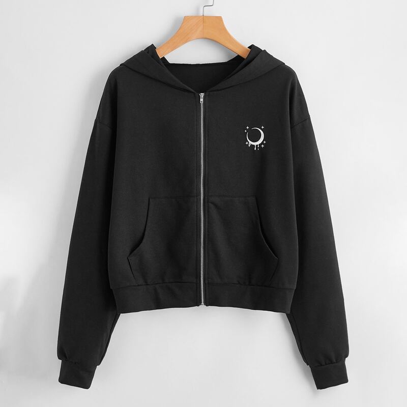 

Moon Embroidery Zip Hooded Jacket, Black