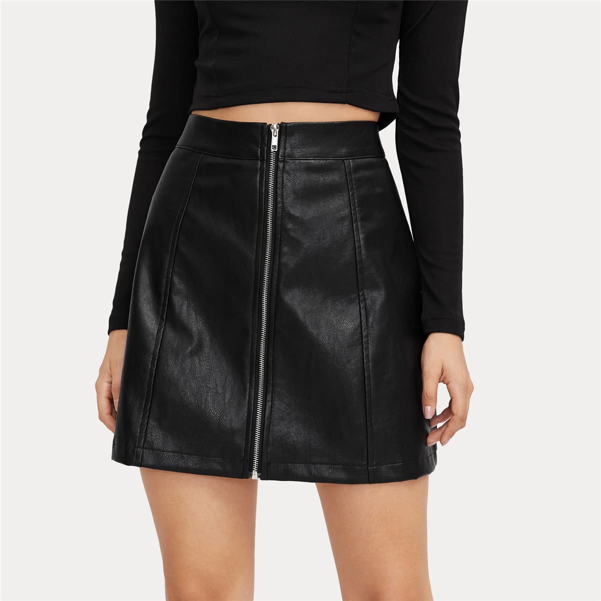 

PU Leather Zip Up Skirt, Black