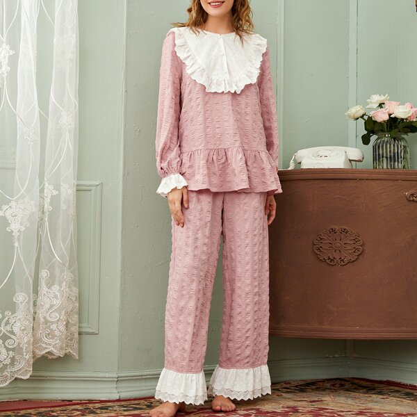 

Embroidery Detail Ruffle Detail Crinkle Peplum Top & Pants PJ Set, Baby pink