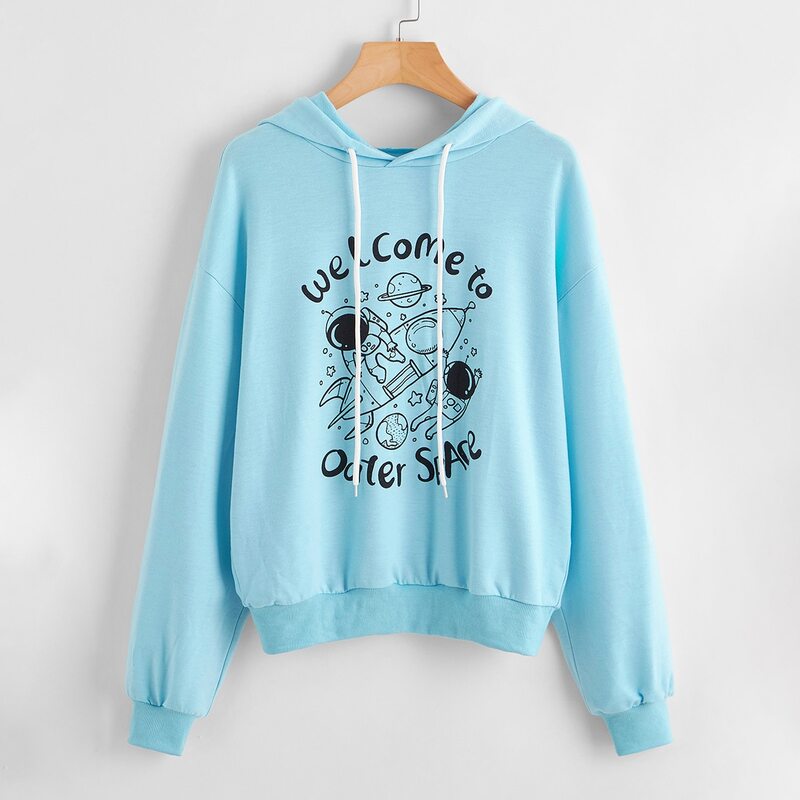 

Slogan & Cartoon Graphic Hoodie, Mint blue