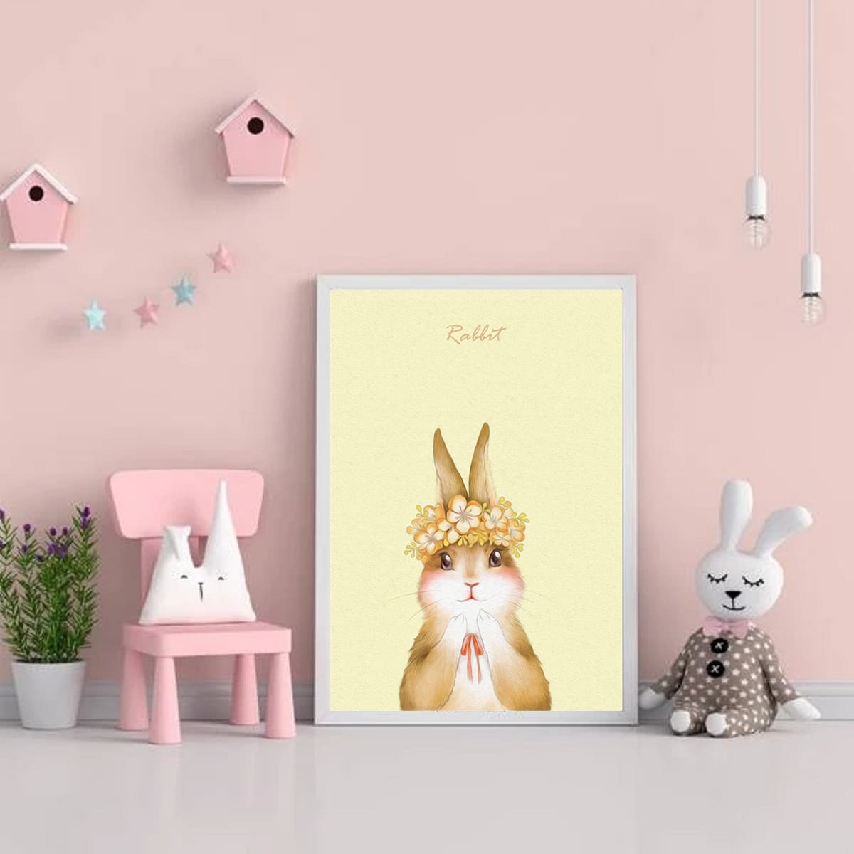 

Kids Cartoon Rabbit Wall Painting Without Frame, Multicolor