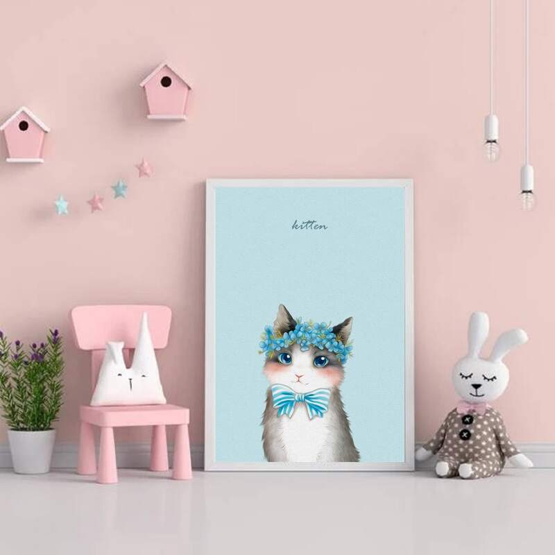 

Kids Cartoon Cat Wall Painting Without Frame, Multicolor