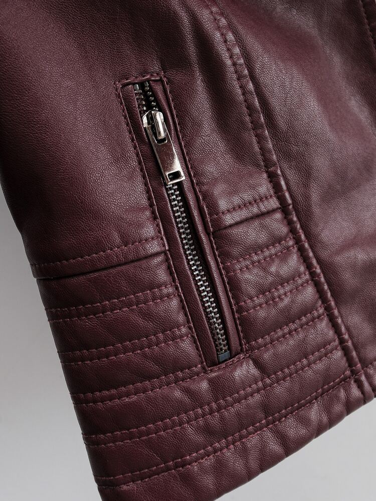 Faux Leather Moto Jacket - Maroon - View 5