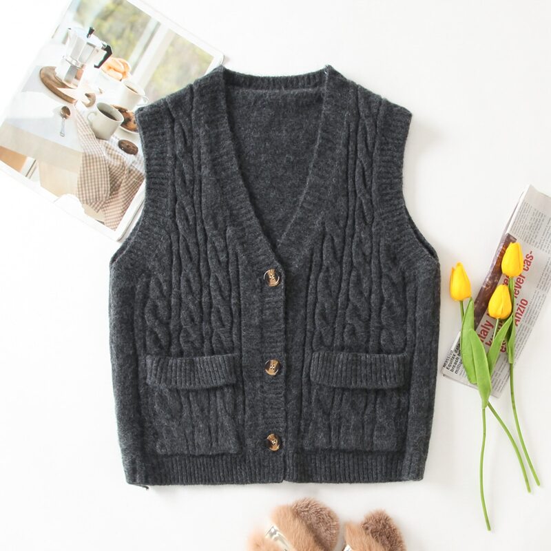 

Cable Knit Button Up Sweater Vest, Dark grey
