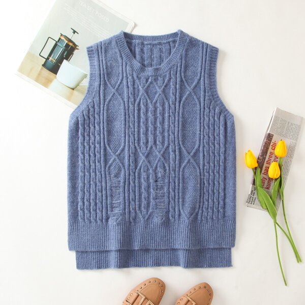 

Cable Knit Split High Low Sweater Vest, Blue
