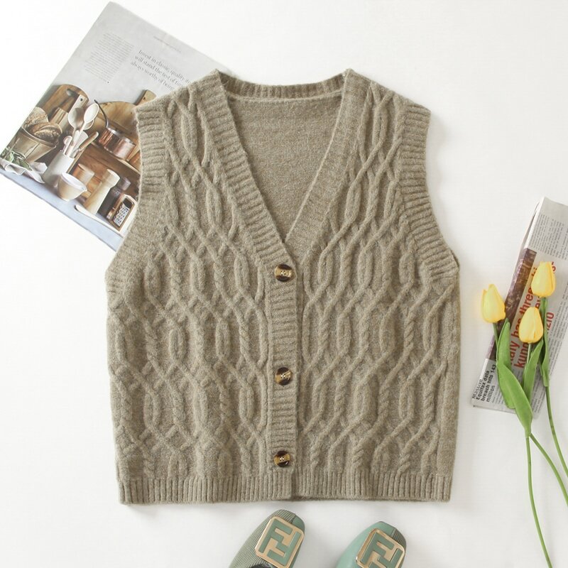 

Cable Knit Button Up Sweater Vest, Khaki