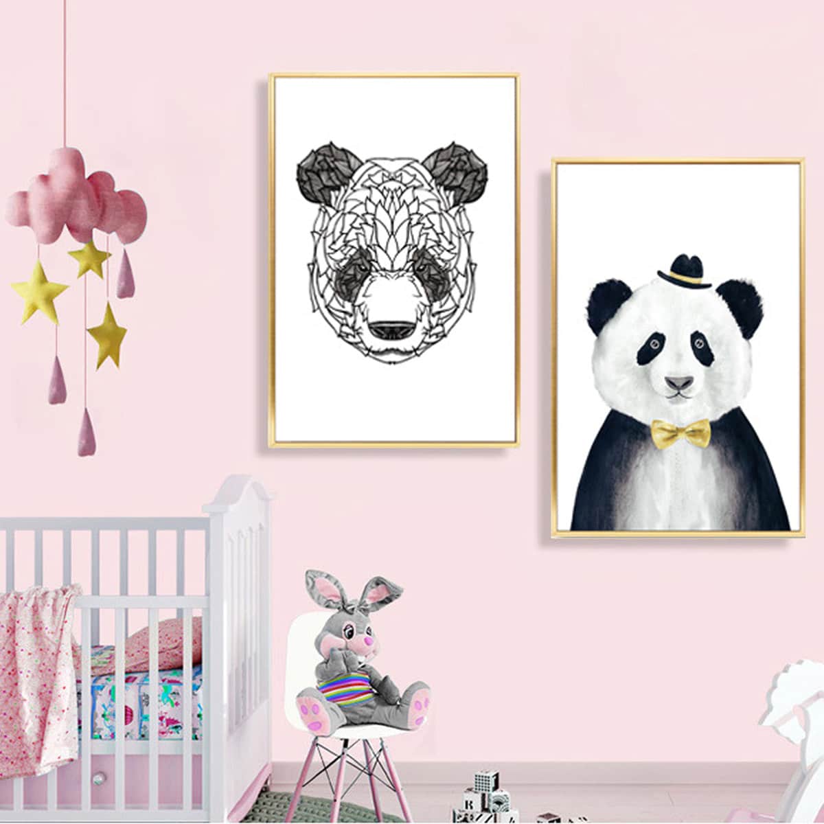 

2pcs Kids Panda Pattern Wall Painting Without Frame, Black and white