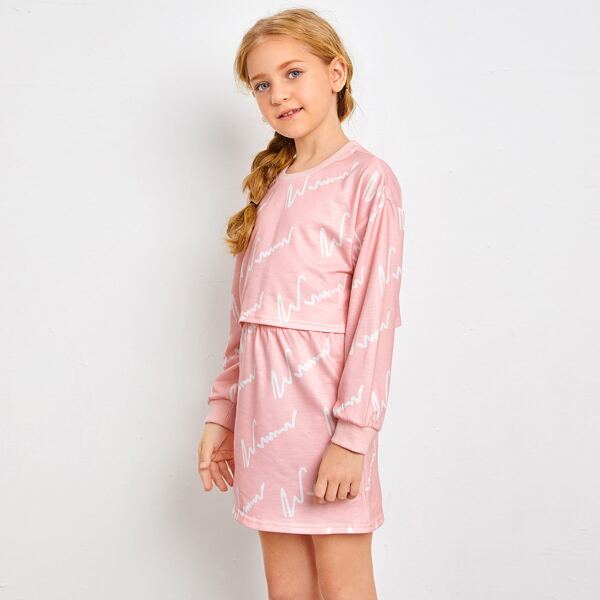 

Girls Drop Shoulder Letter Graphic Crop Pullover & Skirt Set, Baby pink