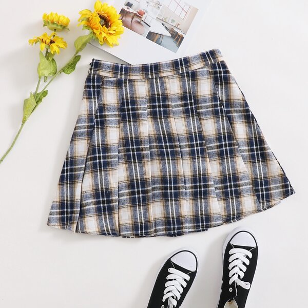 

Zipper Side Tartan Pleated Skirt, Multicolor