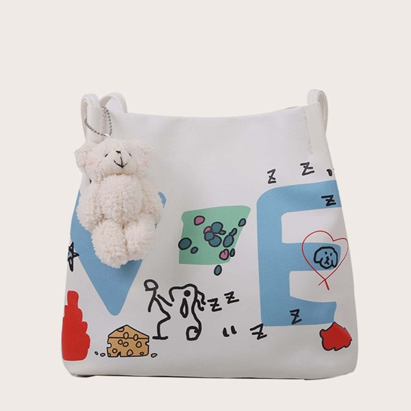 

Girls Cartoon Graphic Shoulder Bag With Bag Charm, White