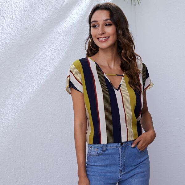 

Keyhole Neck Striped Top, Multicolor