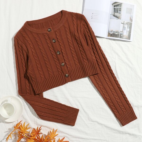 

Button Front Cable Knit Cardigan, Burnt orange