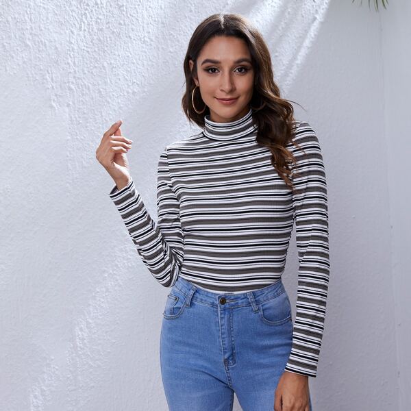 

Mock-neck Striped Rib-knit Tee, Multicolor