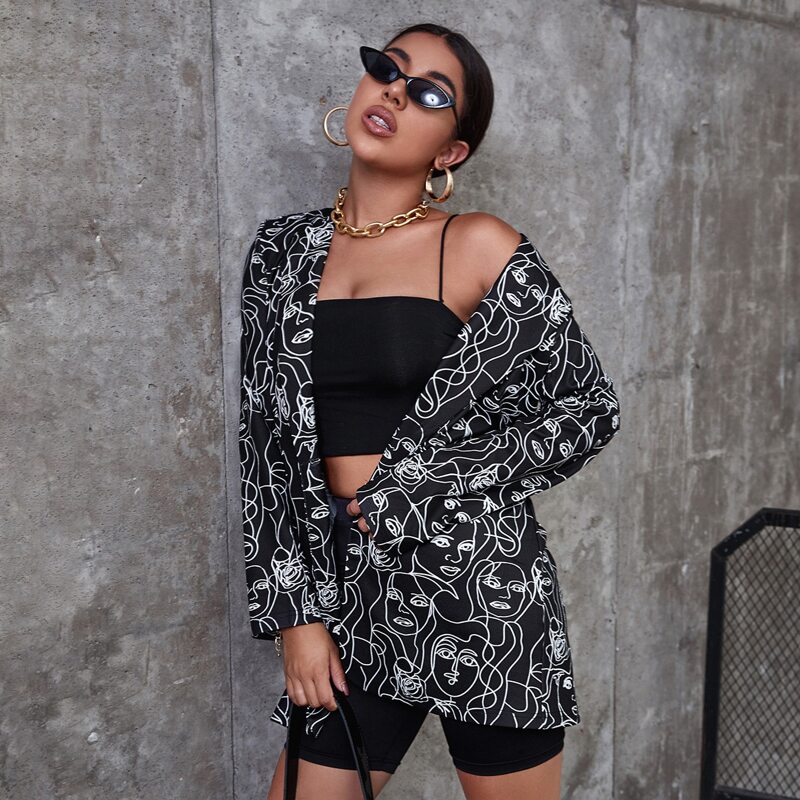 

Lapel Collar Allover Figure Print Blazer, Black