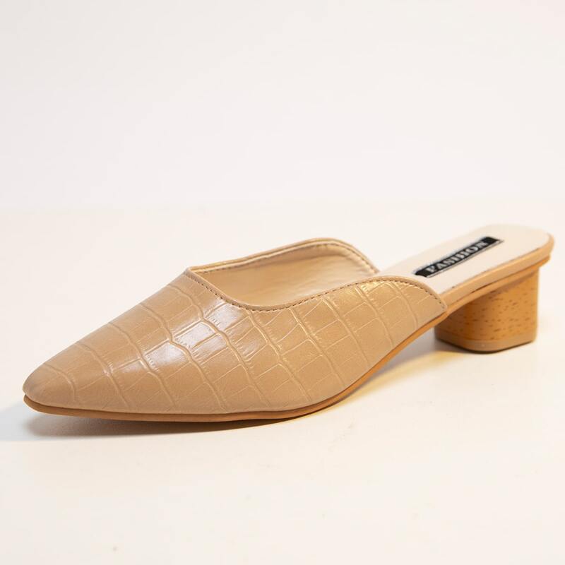 

Croc Embossed Chunky Heeled Mules, Khaki
