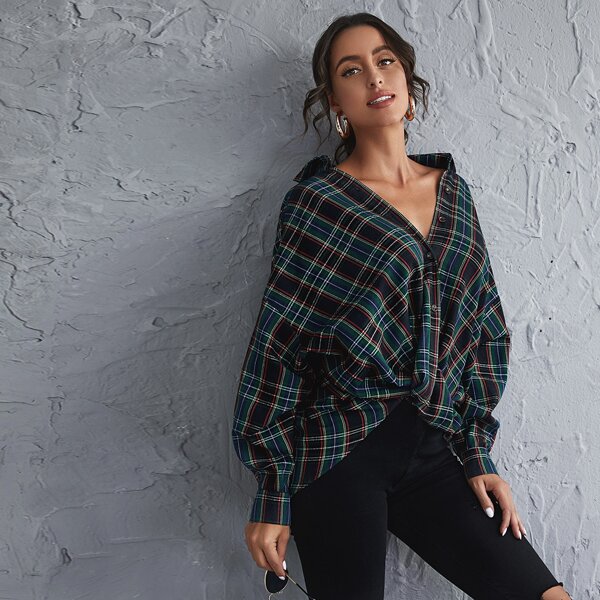 

Plaid Twist-Front Drop Shoulder Oversized Shirt, Multicolor