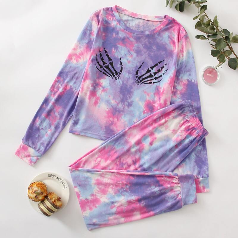 

Skeleton Tie Dye Top & Pants Lounge Set, Multicolor