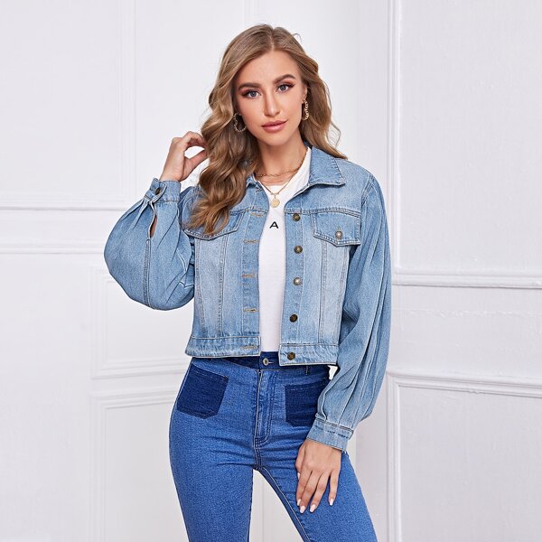 

Solid Button Through Denim Jacket, Light wash