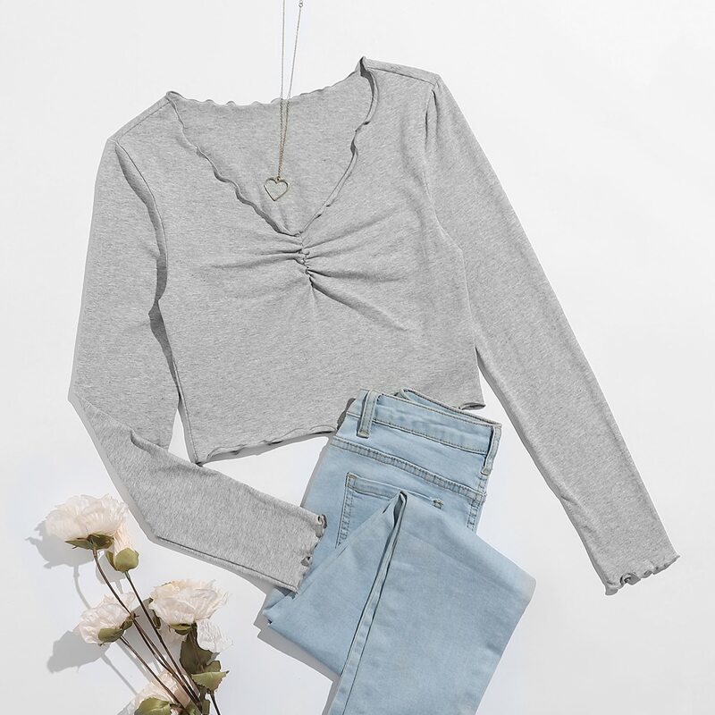 

Ruched Front Lettuce Trim Crop Tee, Light grey