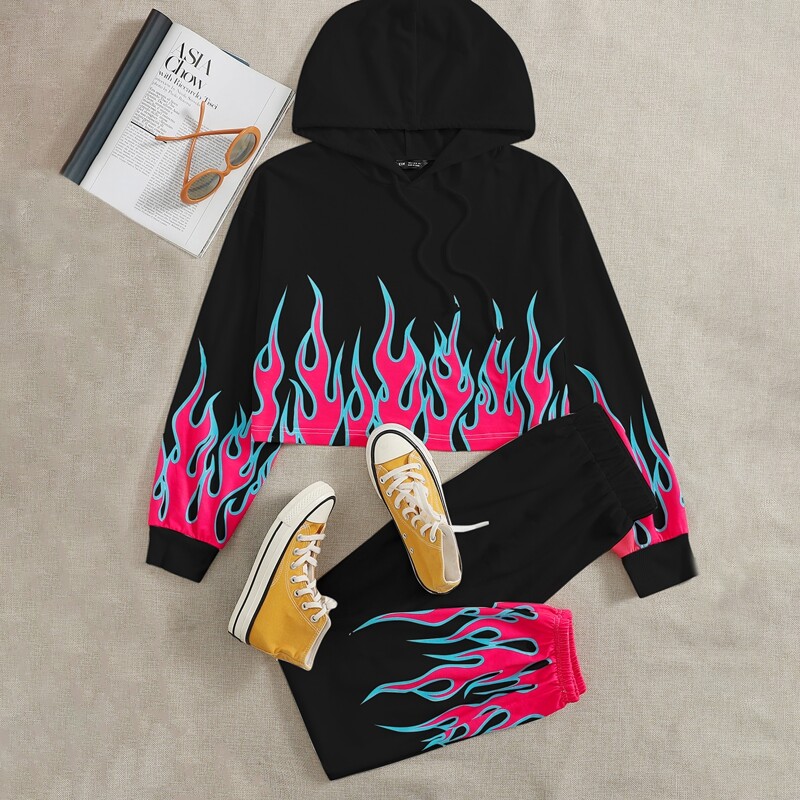 Fire Print Crop Hoodie & Sweatpants Set, Black