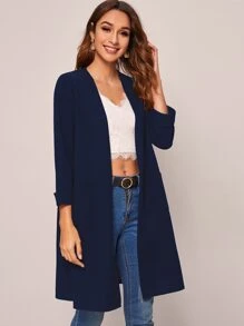 SHEIN LUNE Open Front Pocket Detail Coat - Navy Blue - View 1