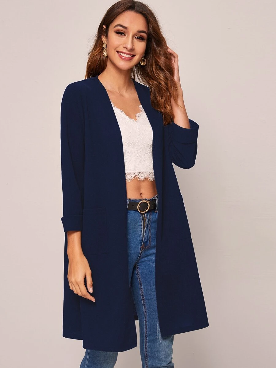 SHEIN LUNE Open Front Pocket Detail Coat - Navy Blue - View 1