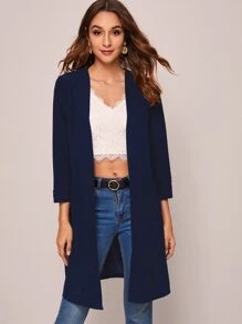 SHEIN LUNE Open Front Pocket Detail Coat - Navy Blue - View 3