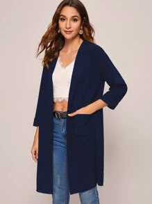 SHEIN LUNE Open Front Pocket Detail Coat - Navy Blue - View 5