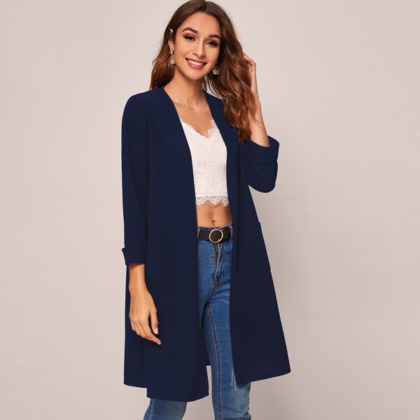 

Open Front Pocket Detail Coat, Navy blue