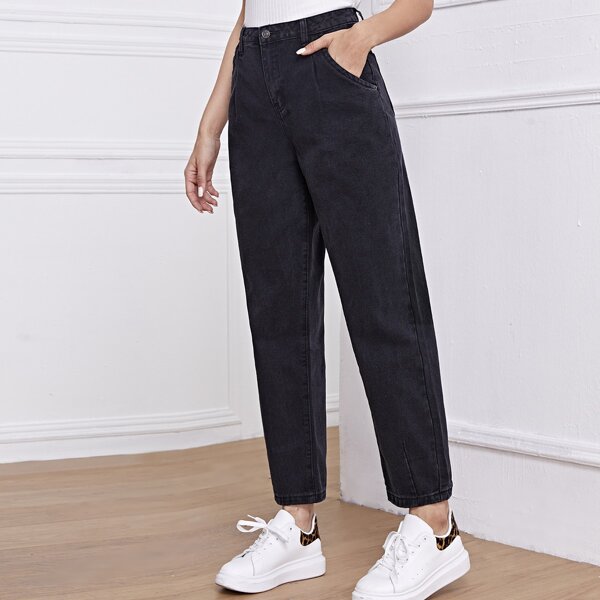 

High-Waisted Slant Pocket Straight Jeans, Black