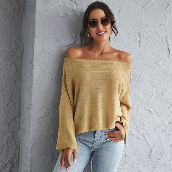

Off Shoulder Solid Sweater, Camel