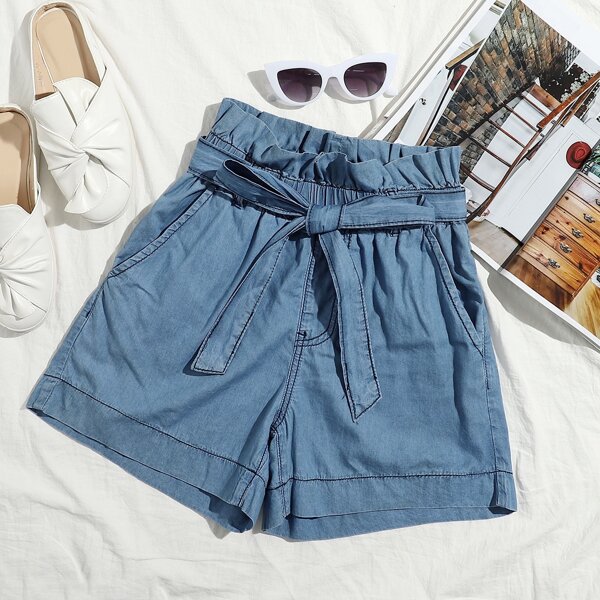 Paperbag Waist Belted Denim Shorts, Medium wash