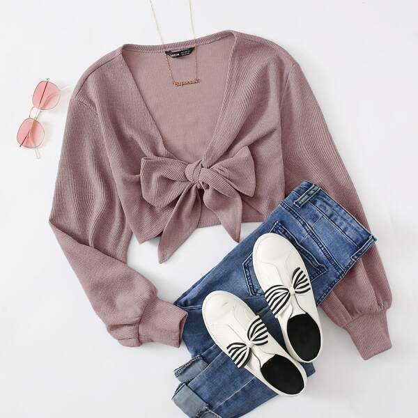 

Tie Front Rib-knit Crop Top, Mauve purple